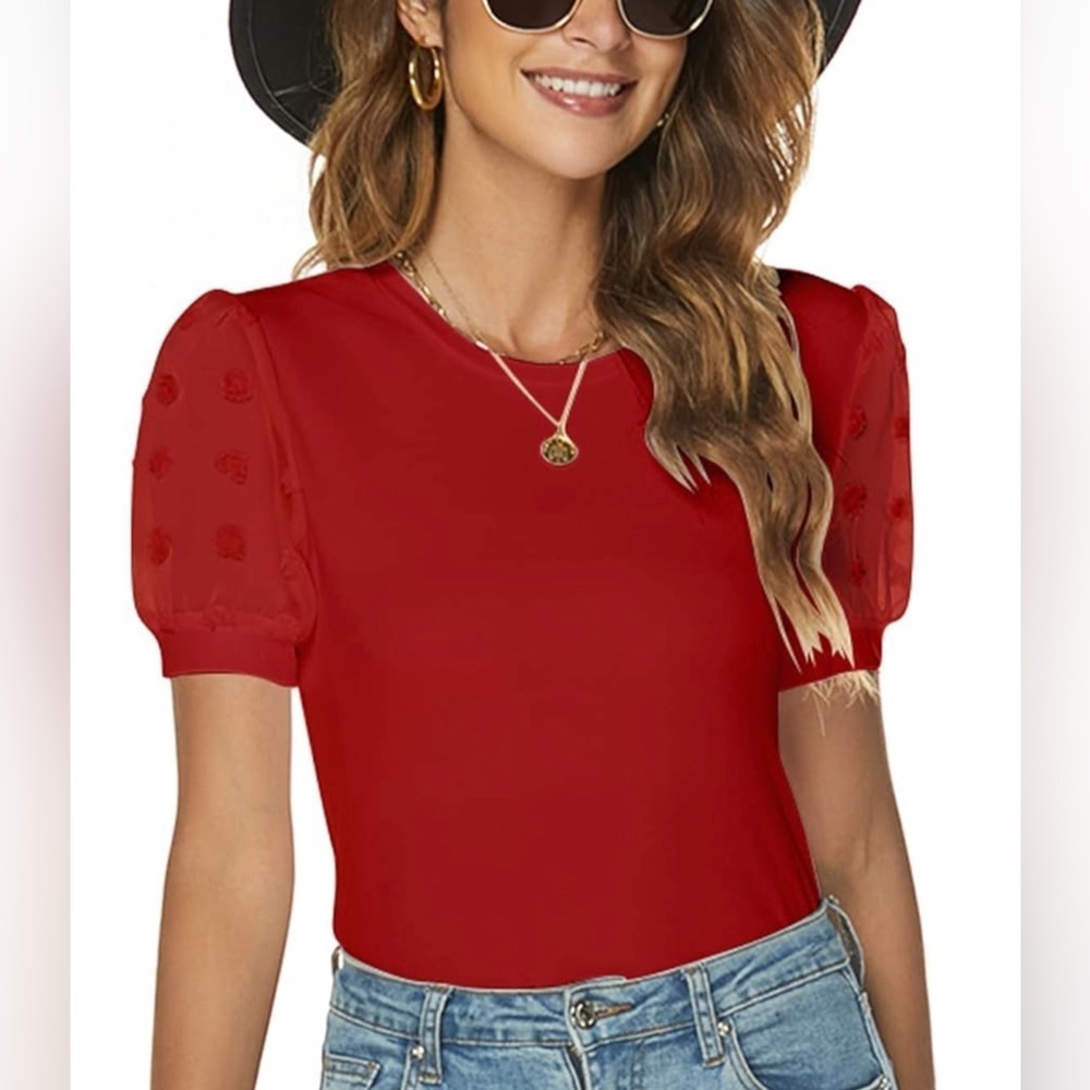 Red Sheer Puff Sleeve Blouse XXL Cottagecore Romantic Chic Top - Picture 2 of 9